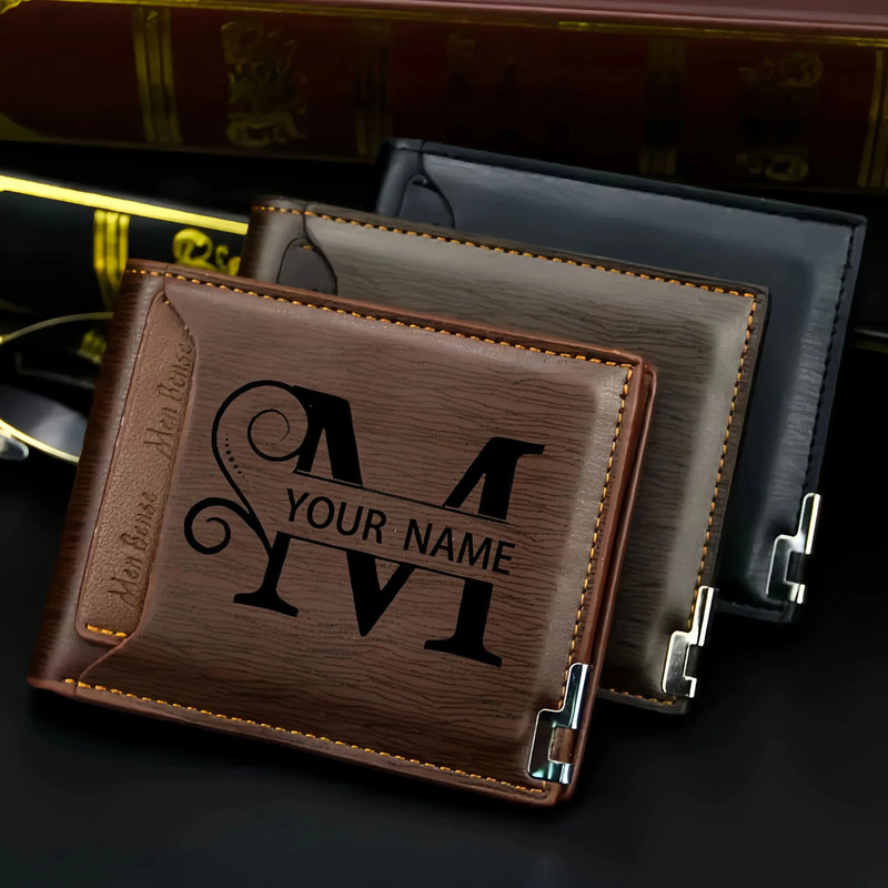 Custom Engraved Initials & Name PU Leather Wallet Men Gift for Birthday, Anniversary, Father's Day, Christmas Gift Personalized