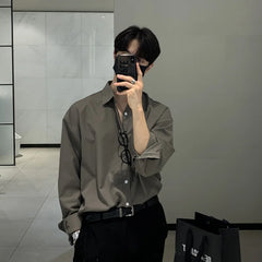 100% Polyester Loose Style Men Shirt Long Sleeve High-end Gray Light-ready Western Suit Innerwear Oversize Trendy