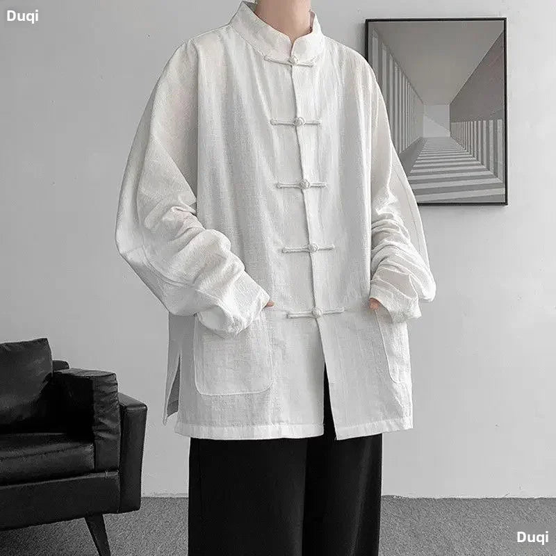 New Chinese Style Buttoned Linen Shirt For Men Long Sleeve Chinese Wind Horse Riding Jacket Men's Wear