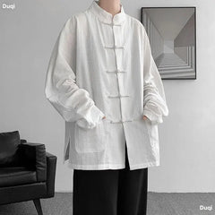 New Chinese Style Buttoned Linen Shirt For Men Long Sleeve Chinese Wind Horse Riding Jacket Men's Wear