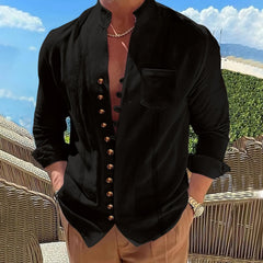 2025 Men's new cotton and linen pocket retro stand-up collar long-sleeved shirt Casual multi-button solid color striped cardigan