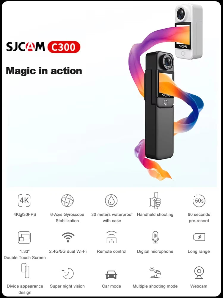 SJCAM C300 Pocket Action Camera 4K FHD With Long Battery Life Video 30M Waterproof 5G WiFi Camera Sport Action Cam
