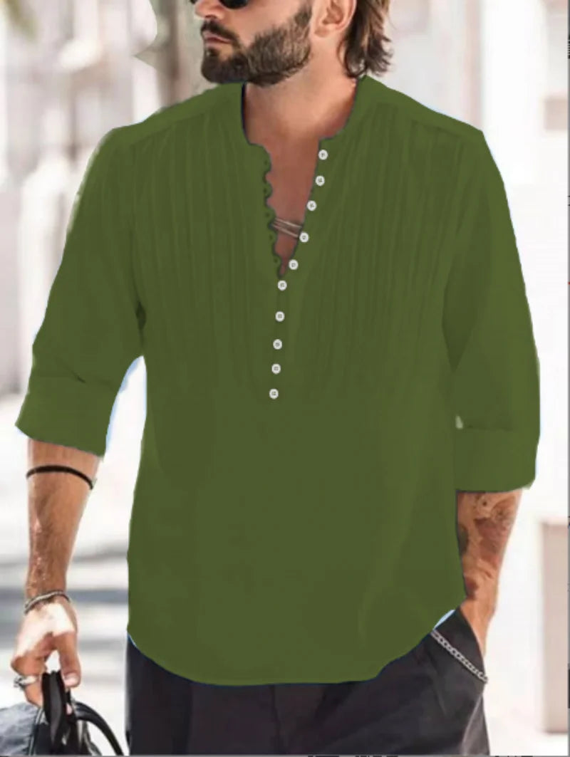 2024 New Men's Bandage Round Collar High Quality Shirt Men's Solid Color Cotton Folding Casual Slim Long-Sleeved Shirt