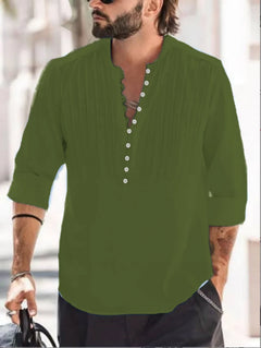 2024 New Men's Bandage Round Collar High Quality Shirt Men's Solid Color Cotton Folding Casual Slim Long-Sleeved Shirt