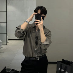 100% Polyester Loose Style Men Shirt Long Sleeve High-end Gray Light-ready Western Suit Innerwear Oversize Trendy