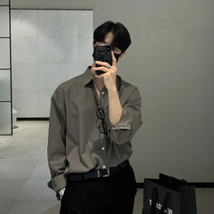 100% Polyester Loose Style Men Shirt Long Sleeve High-end Gray Light-ready Western Suit Innerwear Oversize Trendy
