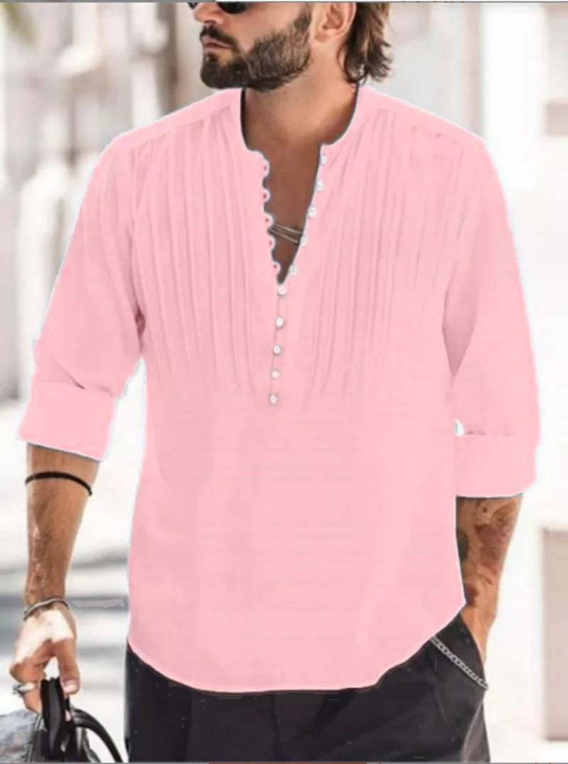 2024 New Men's Bandage Round Collar High Quality Shirt Men's Solid Color Cotton Folding Casual Slim Long-Sleeved Shirt