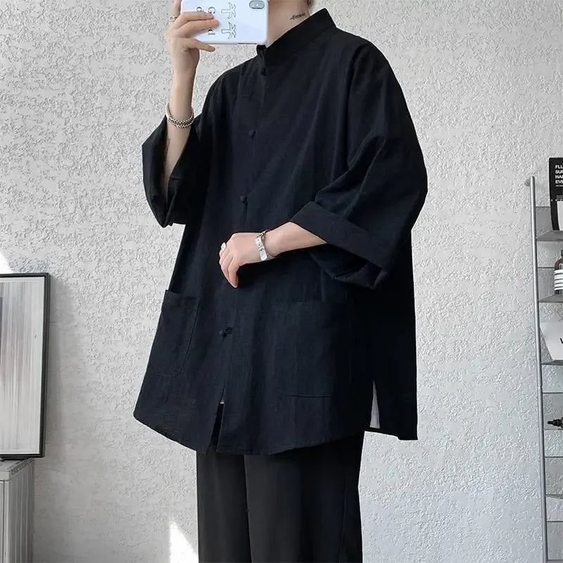 New Chinese Style Buttoned Linen Shirt For Men Long Sleeve Chinese Wind Horse Riding Jacket Men's Wear