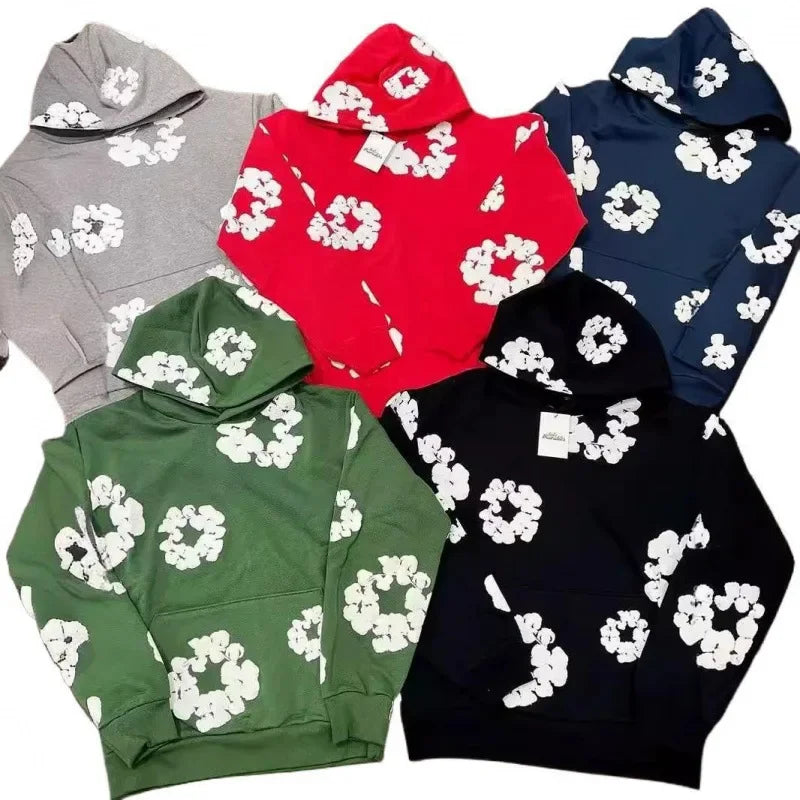 American High Street Fashion Hoodie Set Men's Bubble Print Casual Loose Fit Denim Jeans Popular Streetwear Style