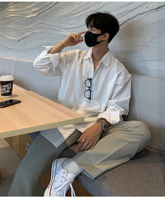 100% Polyester Loose Style Men Shirt Long Sleeve High-end Gray Light-ready Western Suit Innerwear Oversize Trendy