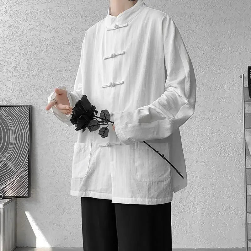 New Chinese Style Buttoned Linen Shirt For Men Long Sleeve Chinese Wind Horse Riding Jacket Men's Wear