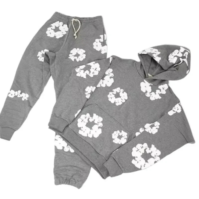 American High Street Fashion Hoodie Set Men's Bubble Print Casual Loose Fit Denim Jeans Popular Streetwear Style