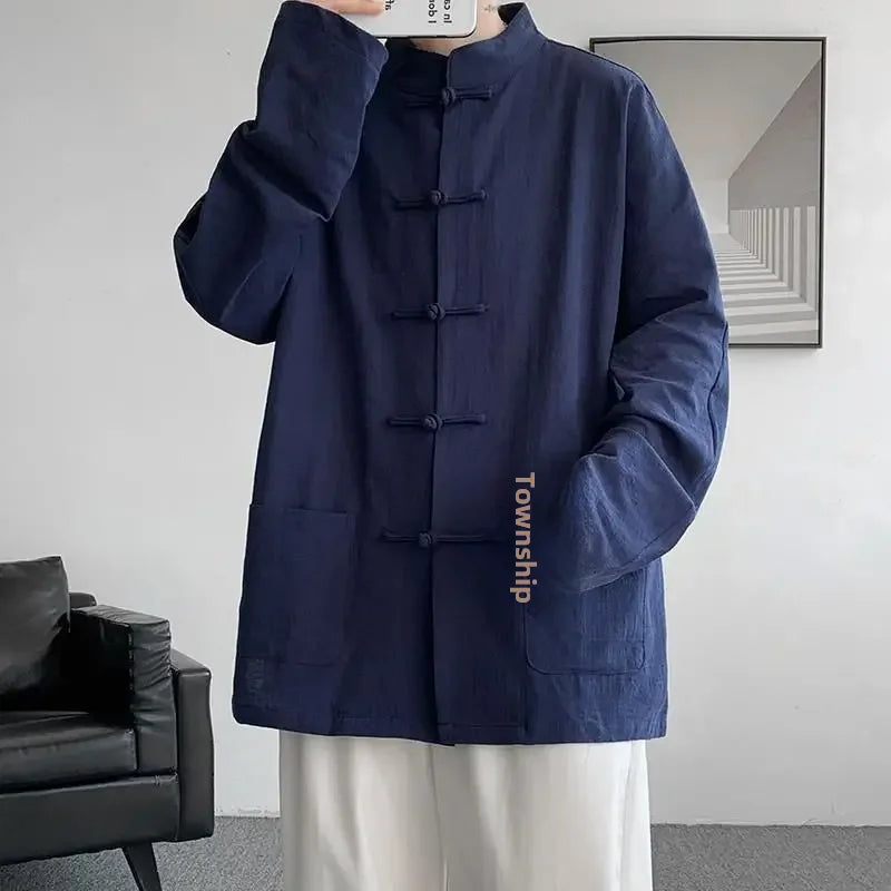 New Chinese Style Buttoned Linen Shirt For Men Long Sleeve Chinese Wind Horse Riding Jacket Men's Wear