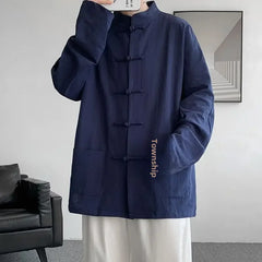 New Chinese Style Buttoned Linen Shirt For Men Long Sleeve Chinese Wind Horse Riding Jacket Men's Wear