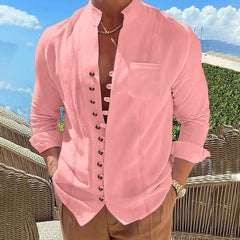 2025 Men's new cotton and linen pocket retro stand-up collar long-sleeved shirt Casual multi-button solid color striped cardigan