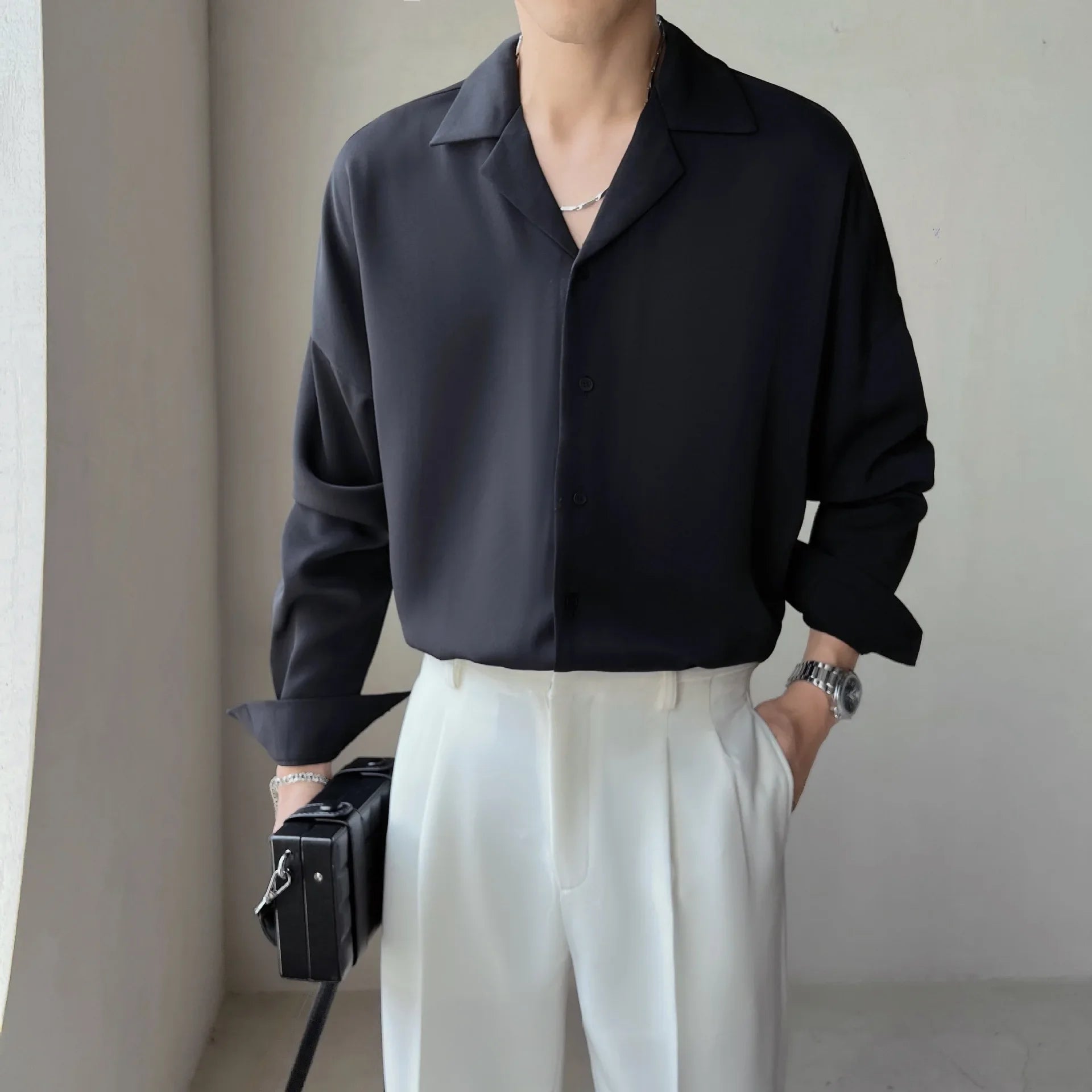 Cracker Khakishirt Men's Long Sleeve Loose Fit Ice Silk Idle Style Draped White Shirt Cuban Style Shirt For Men