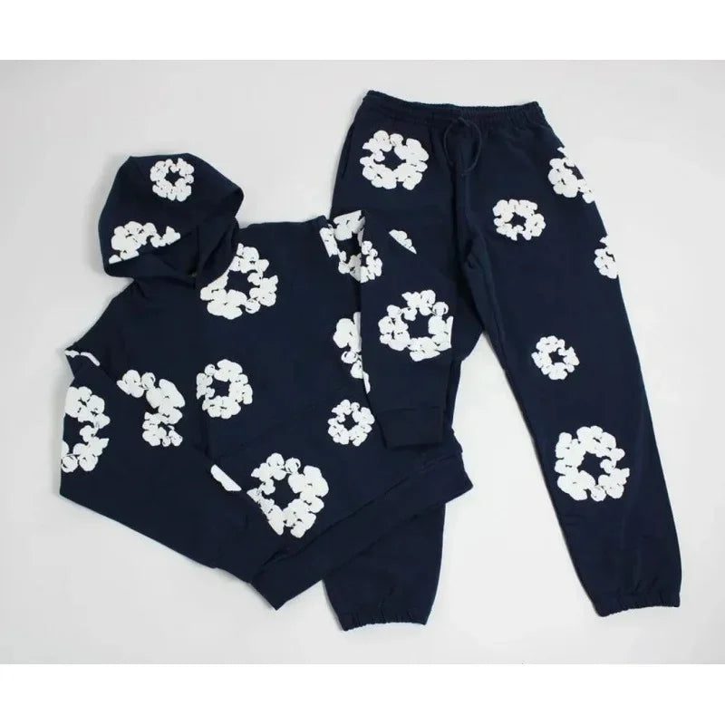 American High Street Fashion Hoodie Set Men's Bubble Print Casual Loose Fit Denim Jeans Popular Streetwear Style