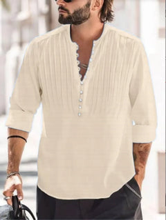 2024 New Men's Bandage Round Collar High Quality Shirt Men's Solid Color Cotton Folding Casual Slim Long-Sleeved Shirt