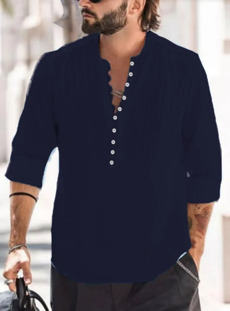 2024 New Men's Bandage Round Collar High Quality Shirt Men's Solid Color Cotton Folding Casual Slim Long-Sleeved Shirt