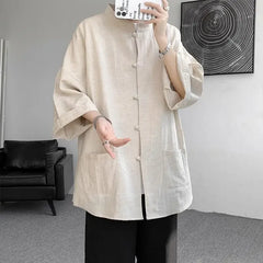 New Chinese Style Buttoned Linen Shirt For Men Long Sleeve Chinese Wind Horse Riding Jacket Men's Wear