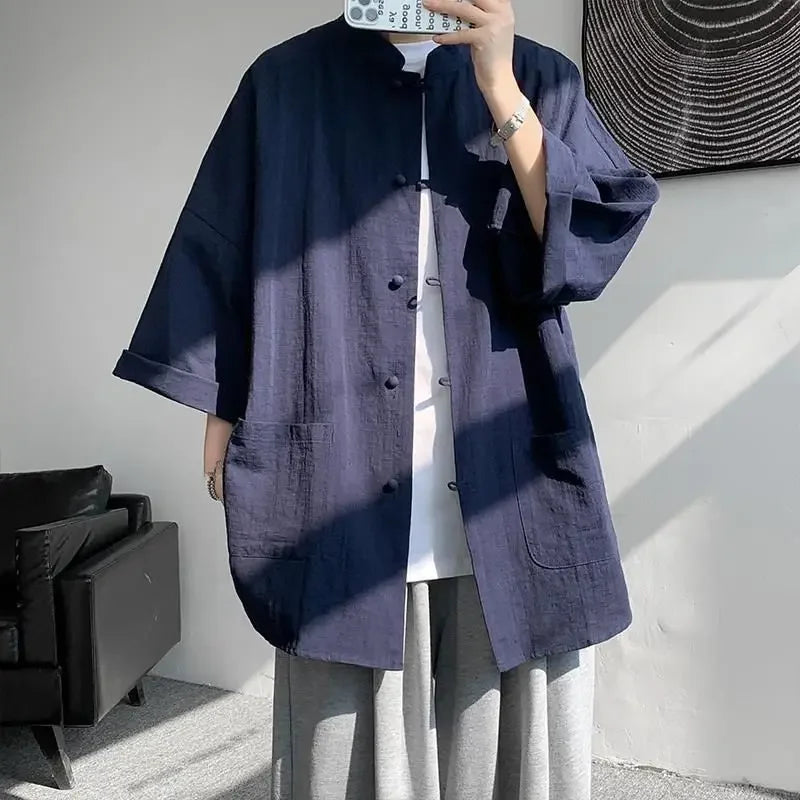 New Chinese Style Buttoned Linen Shirt For Men Long Sleeve Chinese Wind Horse Riding Jacket Men's Wear