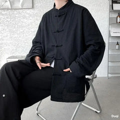 New Chinese Style Buttoned Linen Shirt For Men Long Sleeve Chinese Wind Horse Riding Jacket Men's Wear