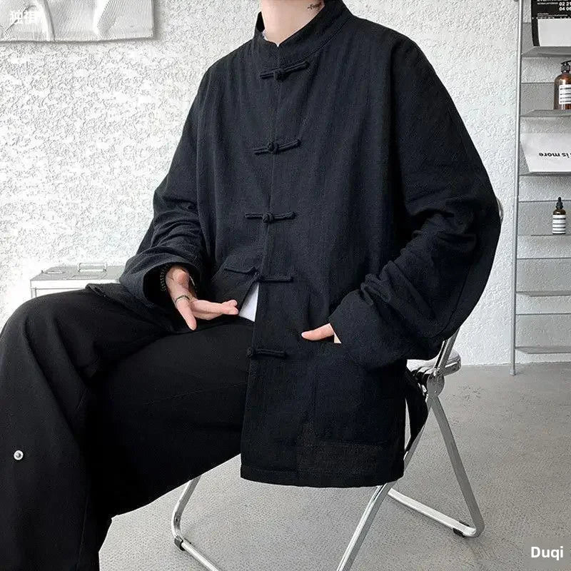 New Chinese Style Buttoned Linen Shirt For Men Long Sleeve Chinese Wind Horse Riding Jacket Men's Wear