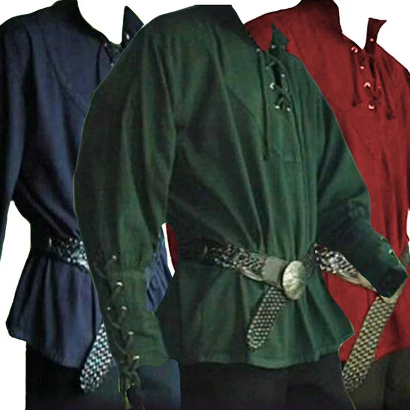 Loose Medieval Style Men's Shirt with Stand Collar Performance Top Vintage Knot Tunic Autumn Spring Summer Dancewear